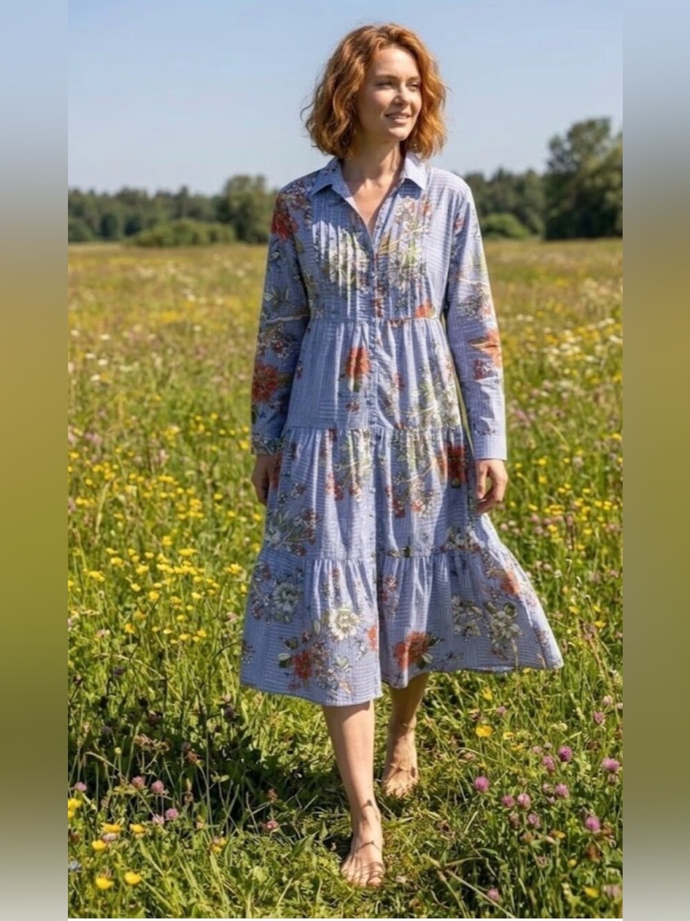 Johnny WasFloral Blue Long Sleeve Dress